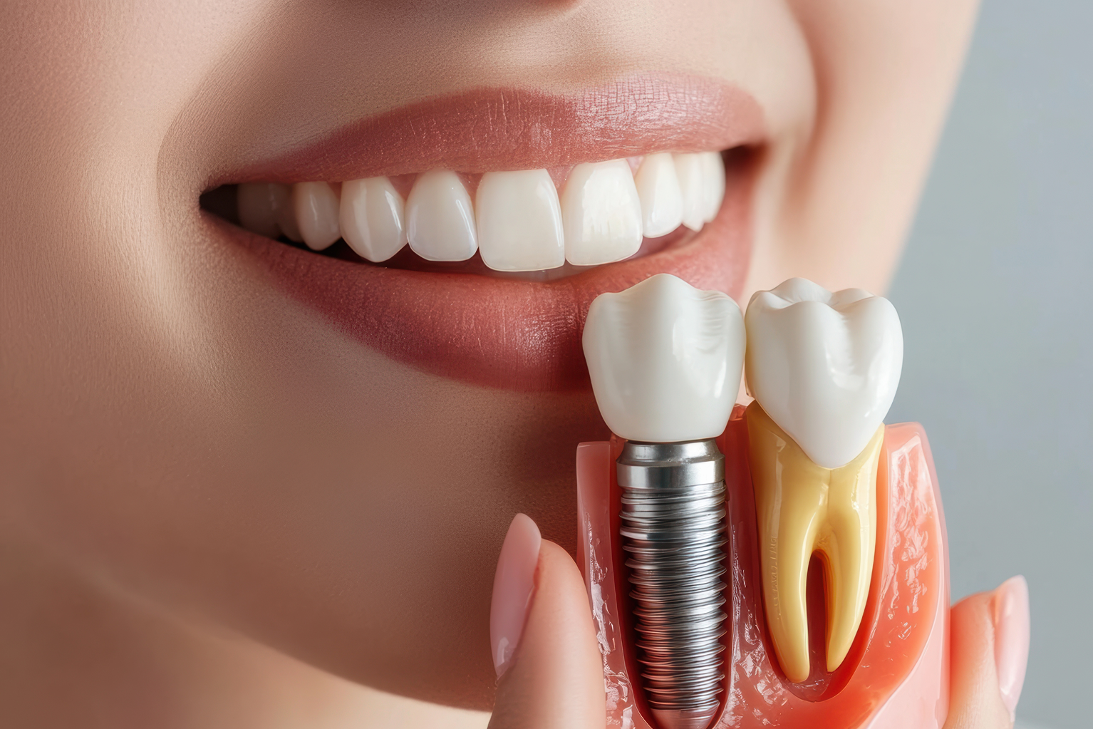 歯ぐきに埋入されたインプラントと人工歯の構造イメージ
